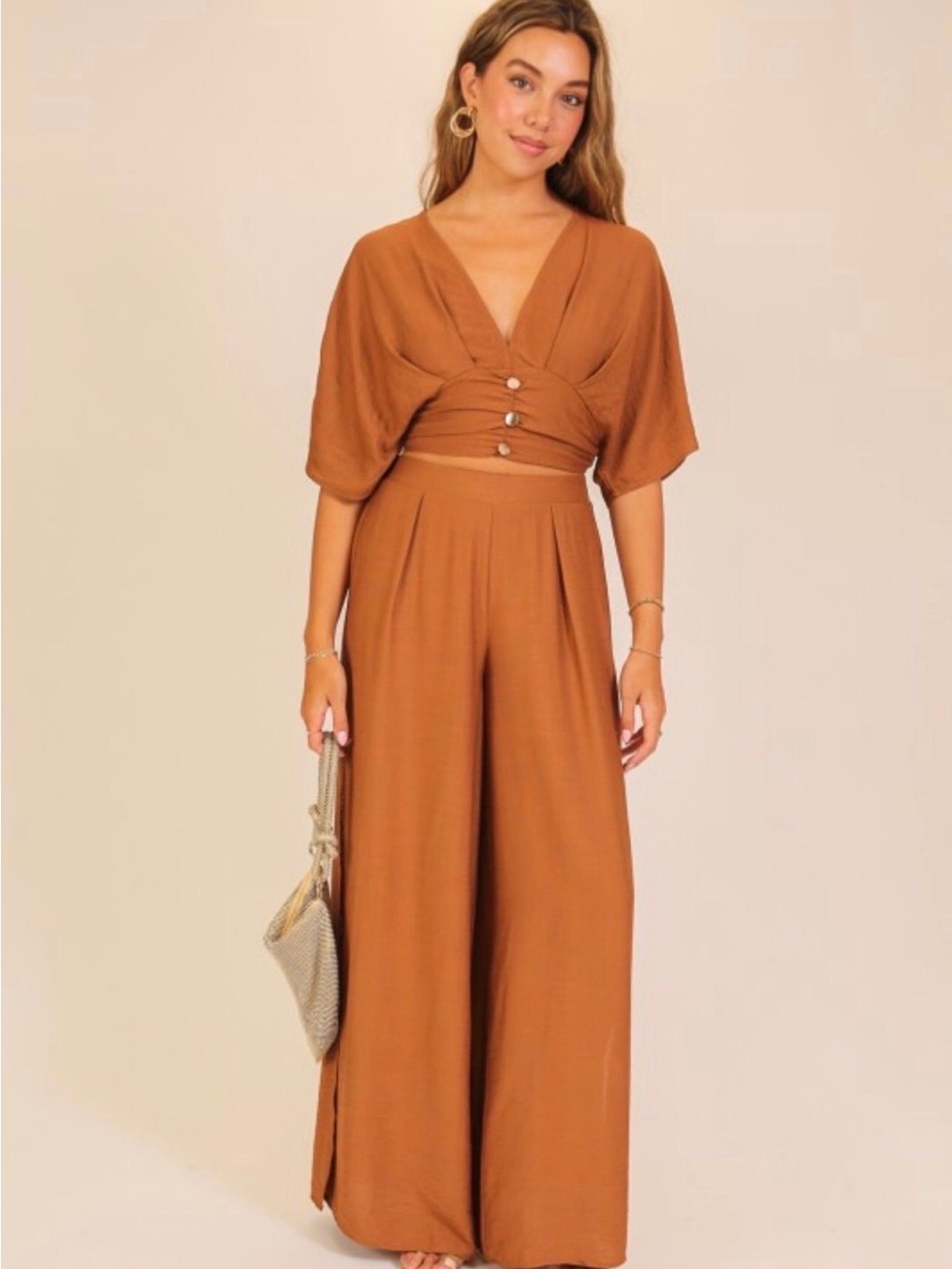 Cropped Button-Front Two-Piece Set in Rust - Picture 2 of 2